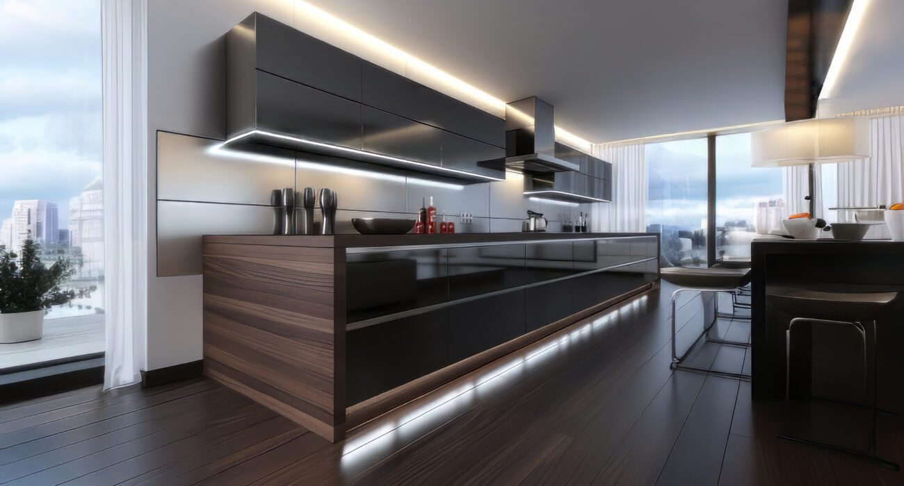 Cocina con con cintas led y perfiles