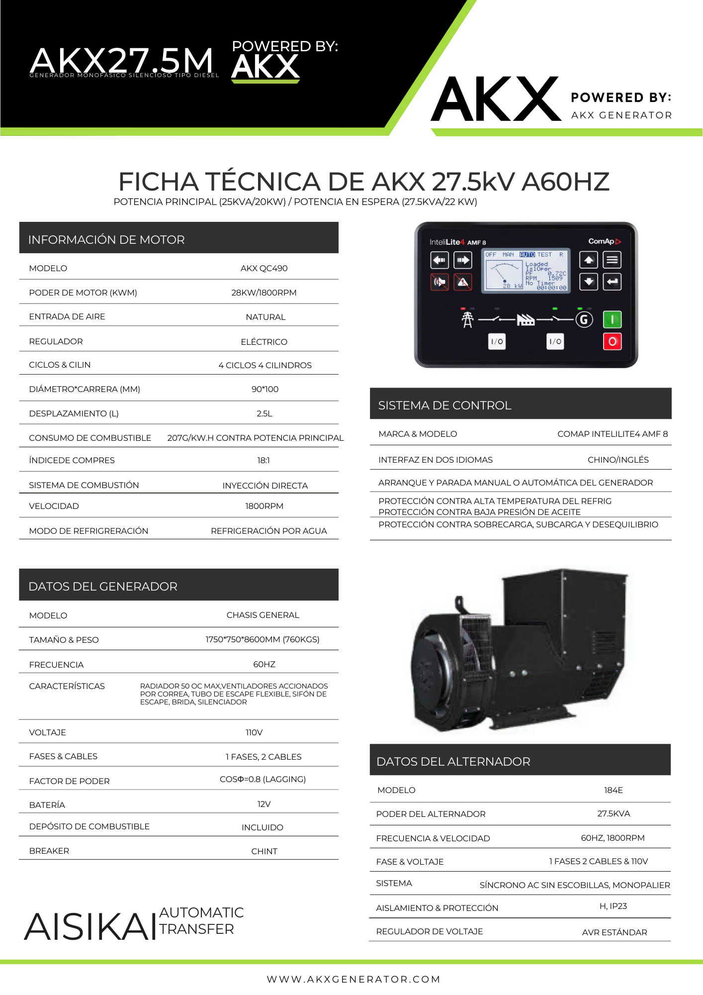 Ficha tecnica generador electrico  27,5 monofasic