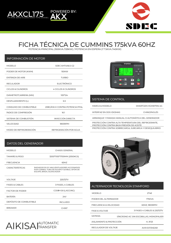 Ficha tecnica Cummins AKX-Sdec 175kVA-S 